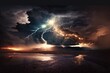 A stormy sky with multiple cloud to ground lightning strikes, generative ai
