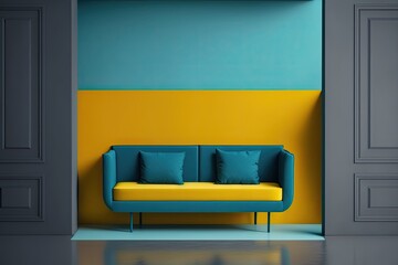 Canvas Print - Blue backdrop vacant modern and minimalist yellow sofa blank space for your writing or design. Generative AI