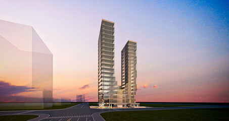 Sticker - 3d render building exterior at sunset