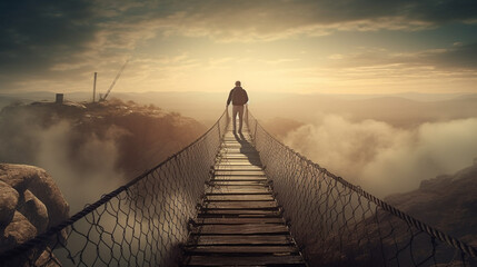 Man about to walk over precipice on SUCCESS word bridge Generative AI