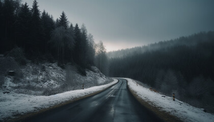 Poster - Mountain road vanishing in fog at night generated by AI