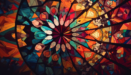 Poster - Vibrant glass mosaic creates stunning geometric pattern generated by AI