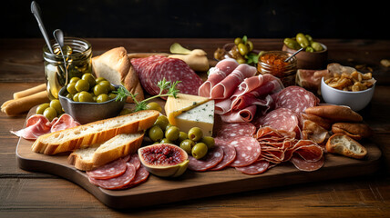 Beautifully arranged charcuterie platter with cured meats, olives, pickles, and artisan bread, set on a wooden cutting board.