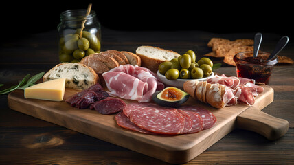 Beautifully arranged charcuterie platter with cured meats, olives, pickles, and artisan bread, set on a wooden cutting board.