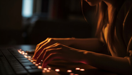 Sticker - Young women indoor keyboard practice on wireless laptop generated by AI