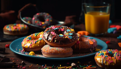 Multi colored donut with chocolate icing and sprinkles generated by AI