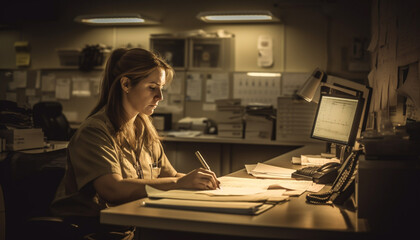 Poster - Young businesswoman holding pencil, studying design document generated by AI