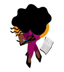 Vector isolated illustration of black woman sitting gross-legged on the ground with glasses in hands and book near her. Top view.