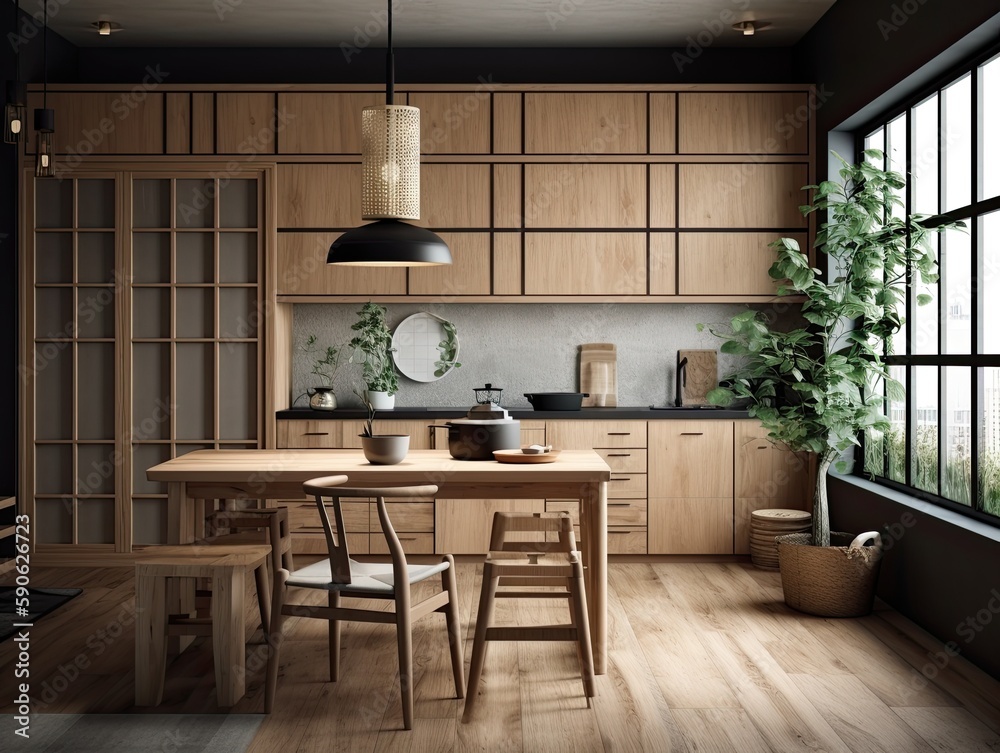 Interior of modern japandi kitchen with wooden walls, black lamp
