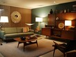 Interior of mid-century modern inspired living room with green sofa and wooden furniture. generative ai design idea