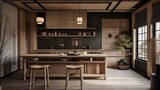 Fototapeta Przestrzenne - Interior of modern japandi kitchen with wooden walls, wooden countertops and wooden cupboards. Generative ai design idea