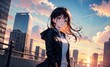 a rooftop of the city building in the sunset, a cute korean girl, japanese animation style. generative AI