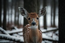 A Close-up Of A Baby Deer In The Woods. Winter Time. Generative AI