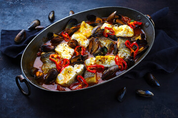 Wall Mural - Traditionelle französische Meeresfrüchte Bouillabaisse mit Kabeljau und Muscheln in Rotwein-Tomatensauce, serviert als Draufsicht in einer rustikalen Kupfer Kasserole