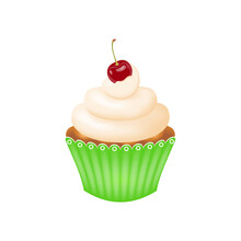 Сake With Cherry On Top. Delicious Cupcake With Whipped Cream And Cherry, Packaged In A Green Corrugated Paper Cup, On A White Background. Vector Illustration.
