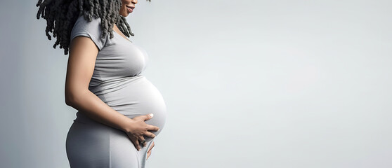 banner pregnant black woman in grey dress holds hands on big belly , Pregnancy, maternity, preparation and expectation, copyspace for text, generative ai.