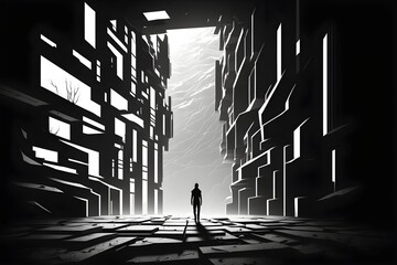 A man in the realm of space and time surrounded by doors and looking at the the moon and stars. Sci-fi concept art created with Generative AI Technology.