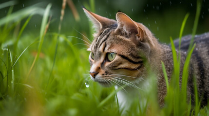 Wall Mural - A cute adorable cat in the rain.