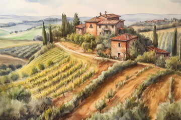 Wall Mural - Artwork - watercolor pencil drawing of the Tuscany in Italy