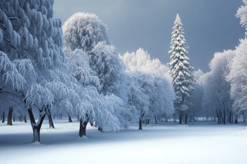 Wall Mural - a backdrop of wintery weather with snow. Symbolic trees and snow. Generative AI