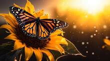 A Majestic Monarch Butterfly Sittimng On Sunflower In A Lush Garden At Sunrise. AI Generated