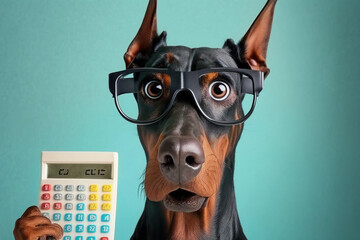 cute doberman dog in glasses with surprised eyes counting taxes, created with Generative AI technology