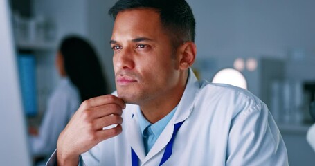 Poster - Man, scientist and thinking in research on computer for healthcare breakthrough or discovery in laboratory. Thoughtful and serious male doctor wondering or contemplating science working on PC in lab