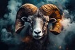 majestic ram with huge horns standing amidst billowing smoke. Generative AI