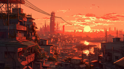 Wall Mural - sunset in the city in anime style created with Generative AI technology