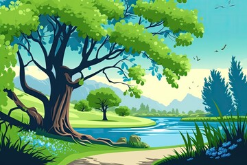 Wall Mural - lovely tree and nature cartoon. Generative AI