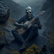 denizen zombie mask man playing on guitar in Middle mountain Created with Generative AI