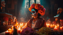 Beautiful Woman In Traditional Mexican Costume And Bright Make-up Decorated With Flowers And Patterns For The Day Of The Dead. Generative AI