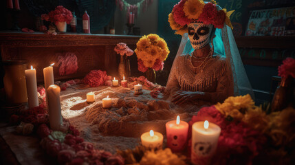 Wall Mural - Beautiful woman in traditional mexican costume and bright make-up decorated with flowers and patterns for the day of the dead. Generative AI