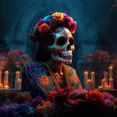 Wall Mural - Beautiful woman in traditional mexican costume and bright make-up decorated with flowers and patterns for the day of the dead. Generative AI