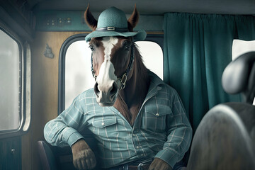 A horse in clothes a trucker driver sits in the cab, created with Generative AI technology