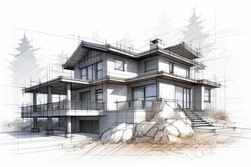 Poster - cozy house nestled in front of a majestic mountain range. Generative AI