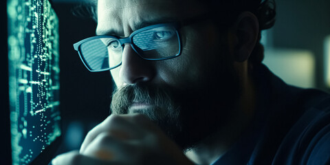 Focused developer coder  looking at programming code data cyber security digital tech reflecting in spectacles developing software program, focus on eye close up. digital ai art