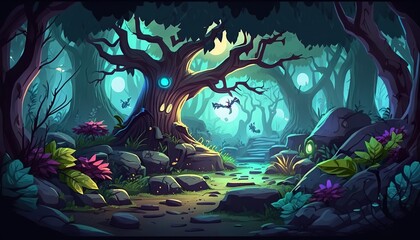 Wall Mural - 2D abstract and magical enchanted forest background environment for a battle arena mobile game. Enchanted forest path landscape flat cartoon style. 2D realistic illustration. Generative AI