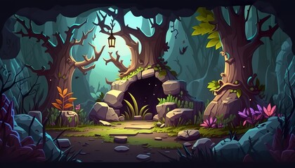 Wall Mural - 2D abstract and magical enchanted forest background environment for a battle arena mobile game. Enchanted forest path landscape flat cartoon style. 2D realistic illustration. Generative AI
