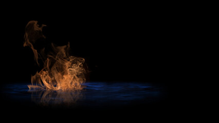 Wall Mural - orange fire on blue water features orange flames with reflection burning on the surface of blue wate