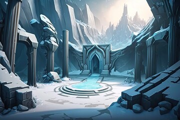 Wall Mural - 2D ice snow background environment for a battle arena mobile game. A fantastic magic space covered by snow flat cartoon style. 2D realistic illustration. Generative AI