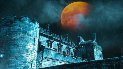 Wall Mural - castle with rain lightning and blood moon features a castle ruin with blue clouds and an orange red 