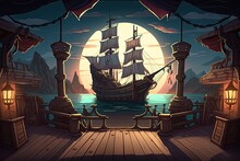 2D Pirate Ship Deck Background Environment For A Battle Arena Mobile Game. Pirate Port Overlooking Old Sailing Ships In Sea Flat Cartoon Style. 2D Realistic Illustration. Generative AI