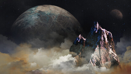 Wall Mural - above the clouds mountain peak with planets features a view from above the clouds with a mountain pe