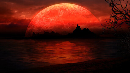Wall Mural - beach island silhouette in red large moon features a silhouette of a beach and island out in a dark 