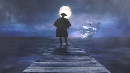 Wall Mural - man looking out to sea at ghost ship with full moon features a man in a nineteenth century coat and 
