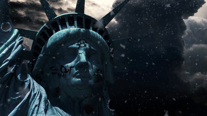 Wall Mural - the end of liberty features a close-up of the statue of liberty with cracks and graffiti all over it
