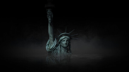 Wall Mural - liberty sinking in the night features a submerged statue of liberty in the center of a black atmosph