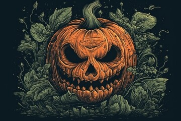 Wall Mural - spooky Halloween pumpkin with menacing features and autumn leaves. Generative AI
