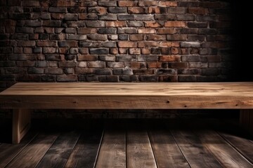 Sticker - rustic wooden table against a textured brick wall. Generative AI